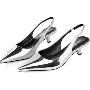 Jenn Ardor Women's Silver Slingback Low Heels Kitten Pumps Dressy Heeled Sandals